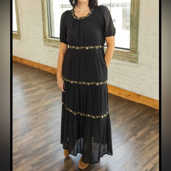 Polagram Black Maxi Dress with Floral Trim - Picture 2 of 5